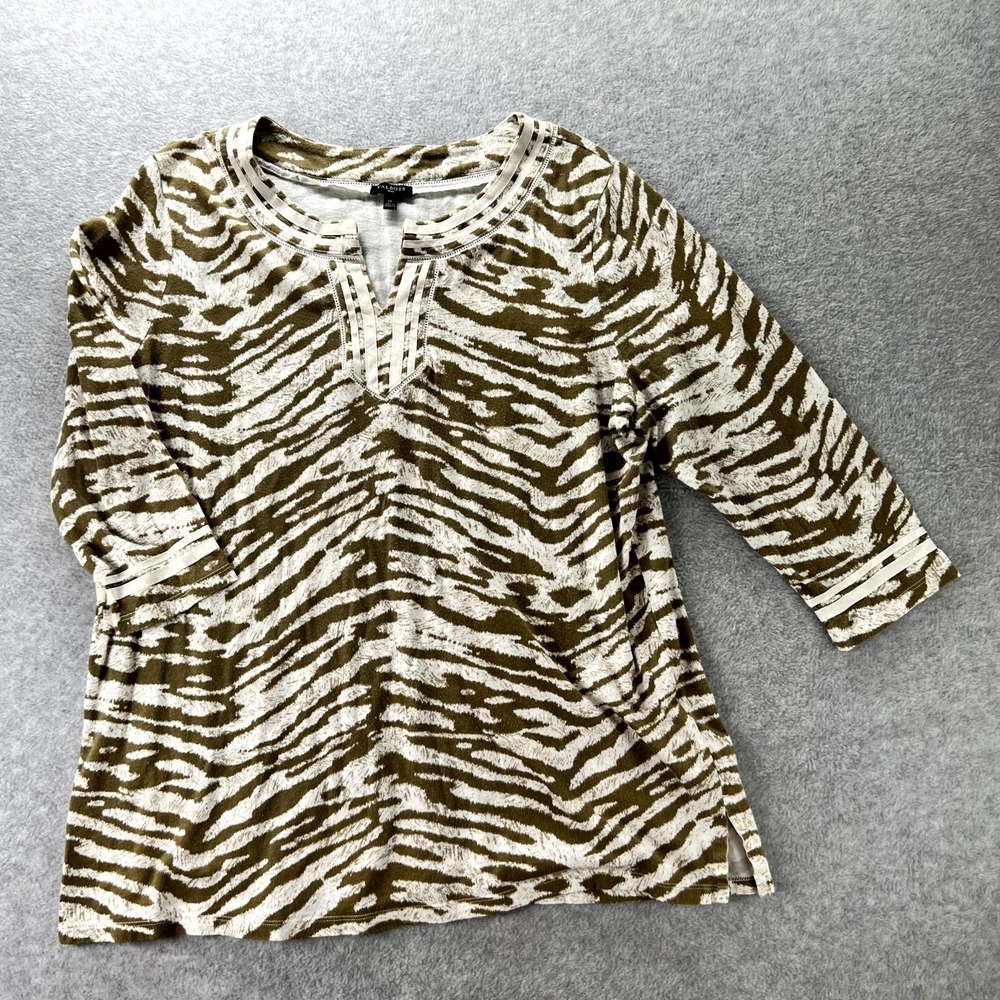 Talbots Tunic Top Womens 1x White Olive Safari Zebra Print 3/4 Sleeve Split Neck